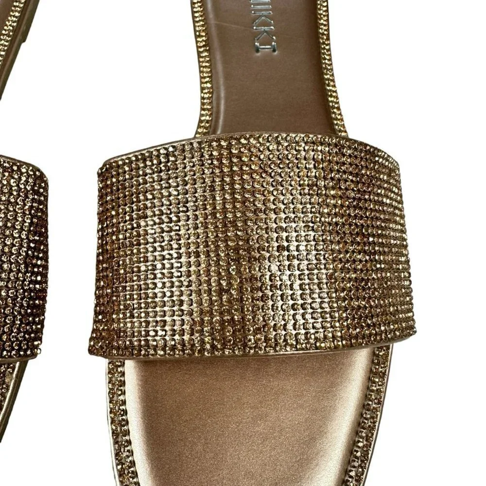 NIkki Women's Rhinestone Slide‎ Sandals Open Toe Flat Slip on Rose Gold Sz 6